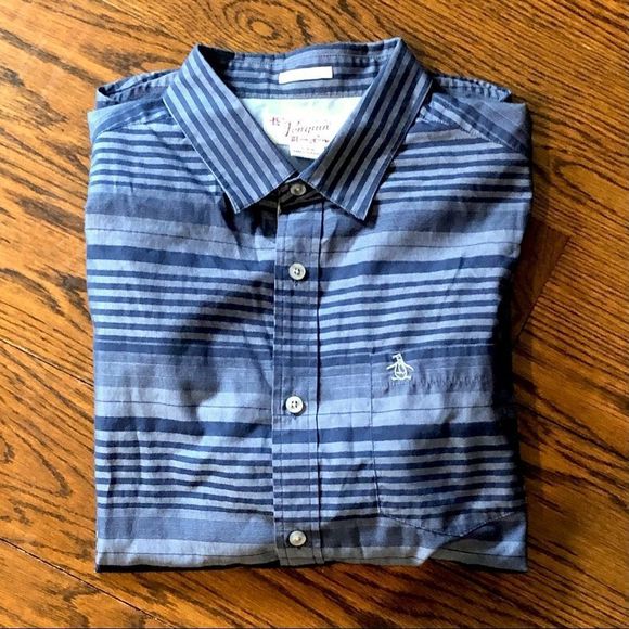 ORIGINAL PENGUIN Blue Striped Short Sleeve Button Down Shirt - Picture 1 of 6